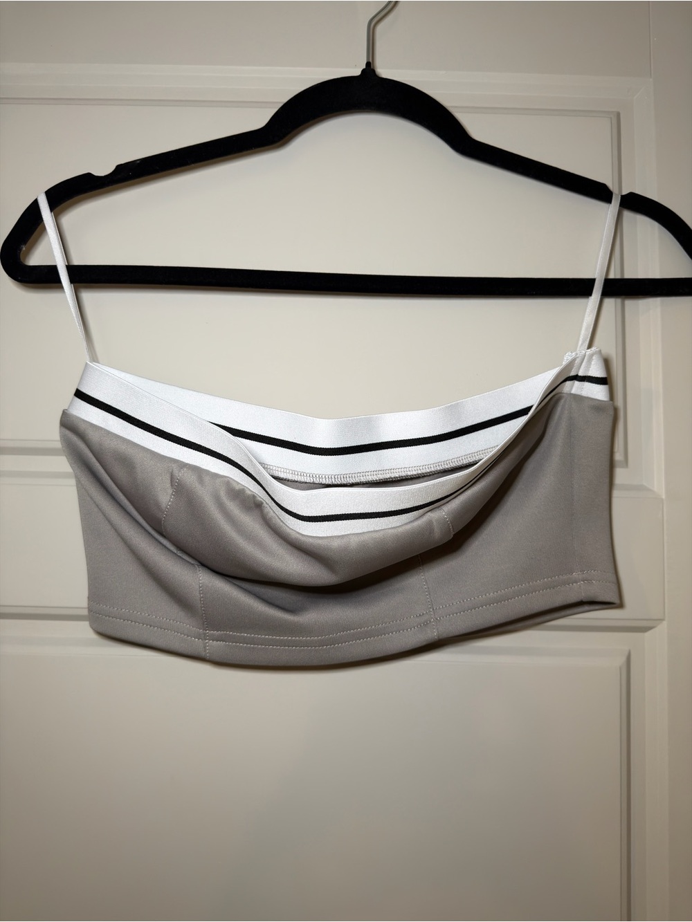 Gray and White Striped Detail Cowl Neck Crop Top